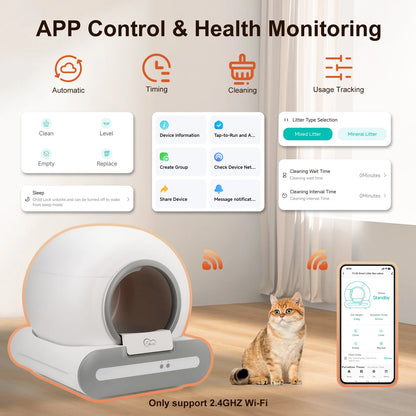 Smart pet litter box with app control and health monitoring features, including a cat and smartphone interface.