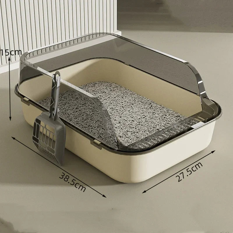 Cat litter box with dimensions labeled on a neutral background