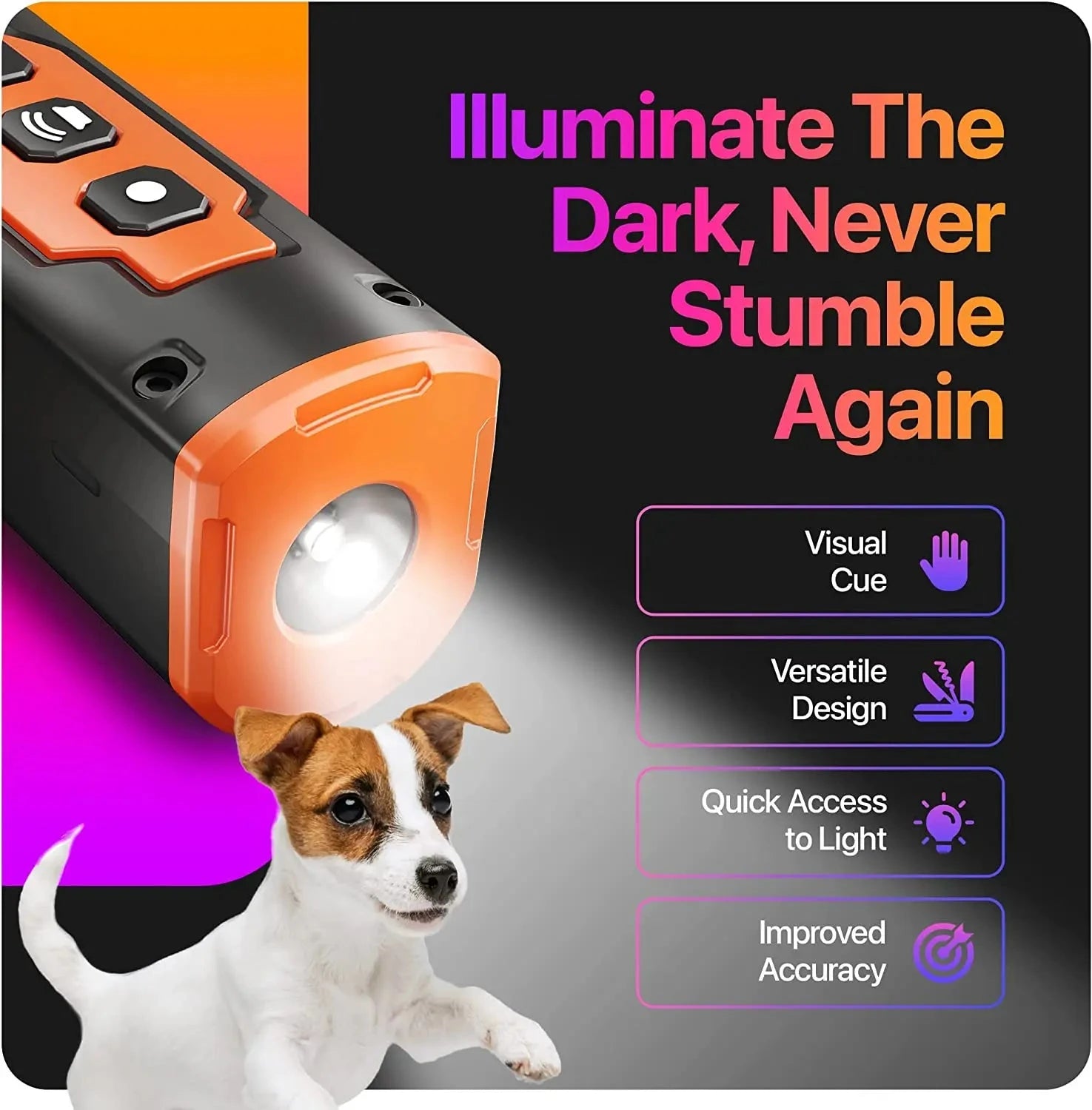 Portable light with a dog underneath, featuring text 'Illuminate The Dark, Never Stumble Again' on a dark background.