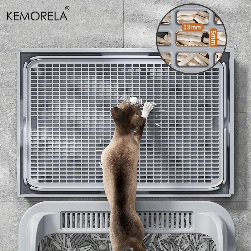 Cat standing on a KEMORELA pet mat with a close-up inset showing the material thickness.