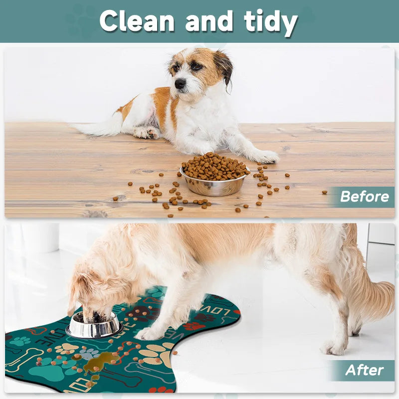 Dog eating from a bowl on a mat with text 'Clean and tidy' above.