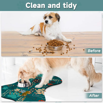 Dog eating from a bowl on a mat with text 'Clean and tidy' above.