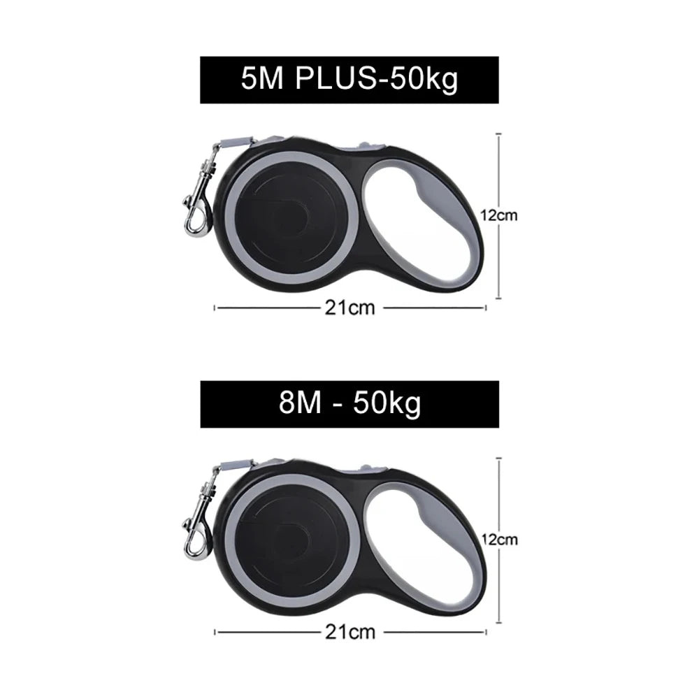 Two black and gray retractable dog leashes with measurements on a white background