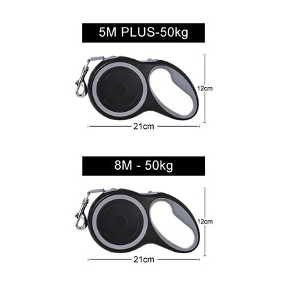 Two black and gray retractable dog leashes with measurements on a white background
