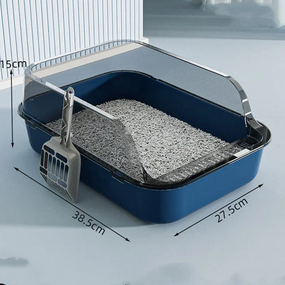 Cat litter box with scoop on a light gray background, showing dimensions.