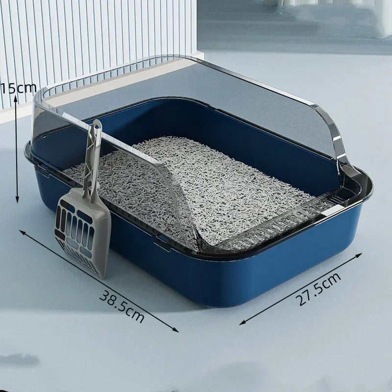 Cat litter box with scoop on a light gray background, showing dimensions.
