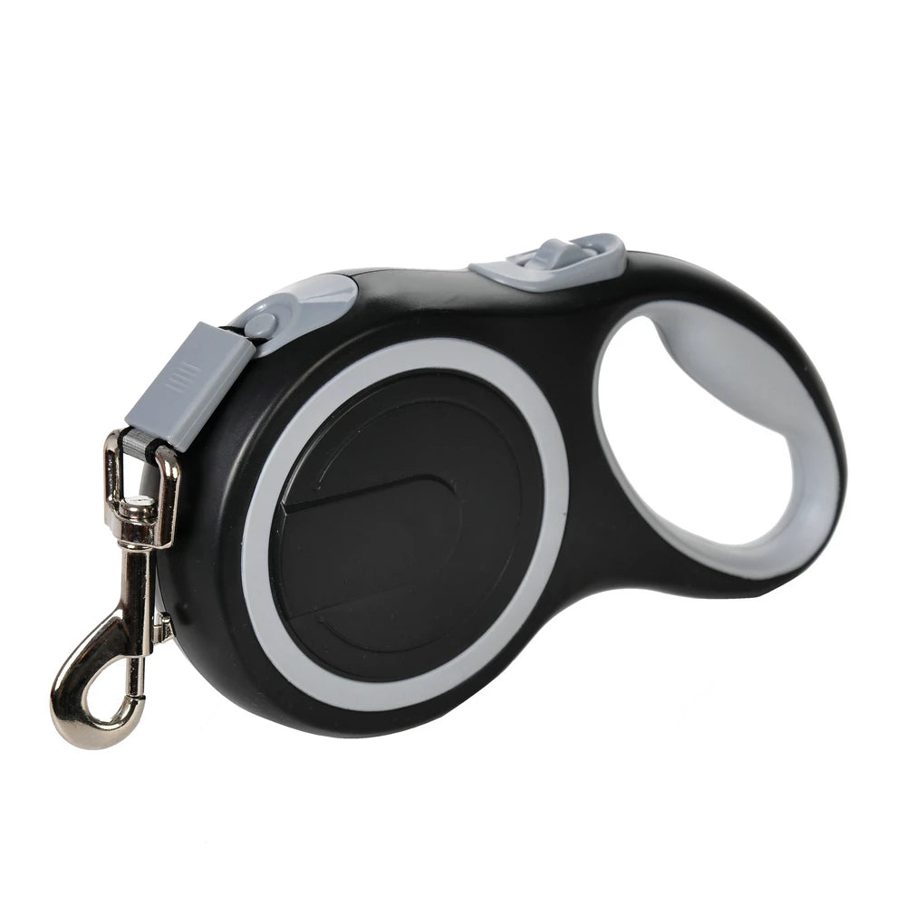 Black and gray retractable dog leash on a white background