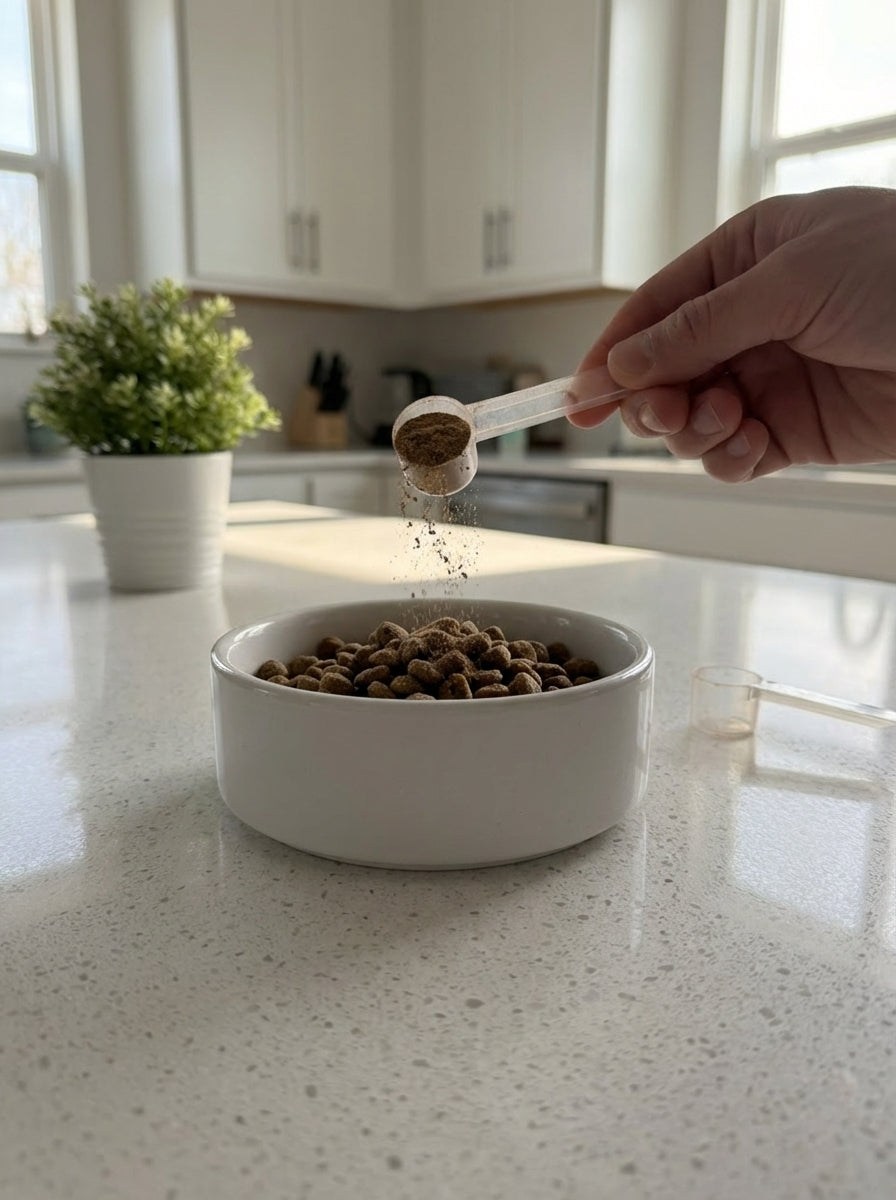 Person adding pet food from a scoop into a bowl on a kitchen counter.