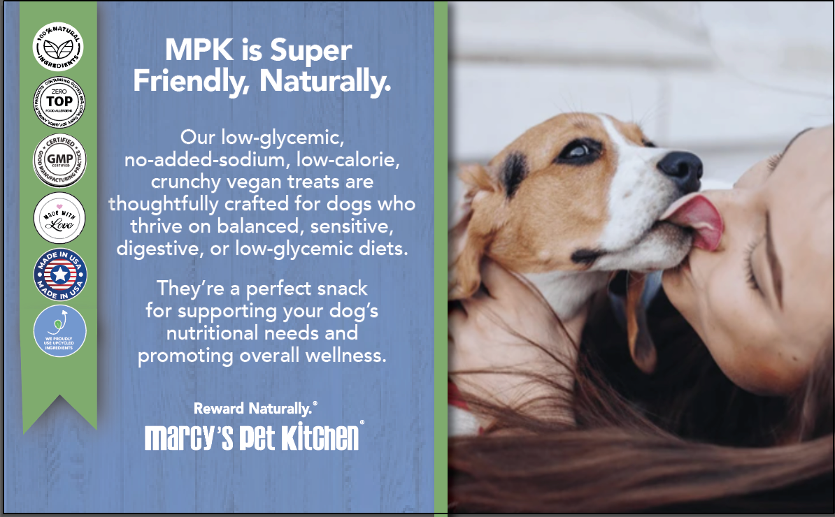 Advertisement for Marcy's Pet Kitchen dog treats with a woman and dog interacting.