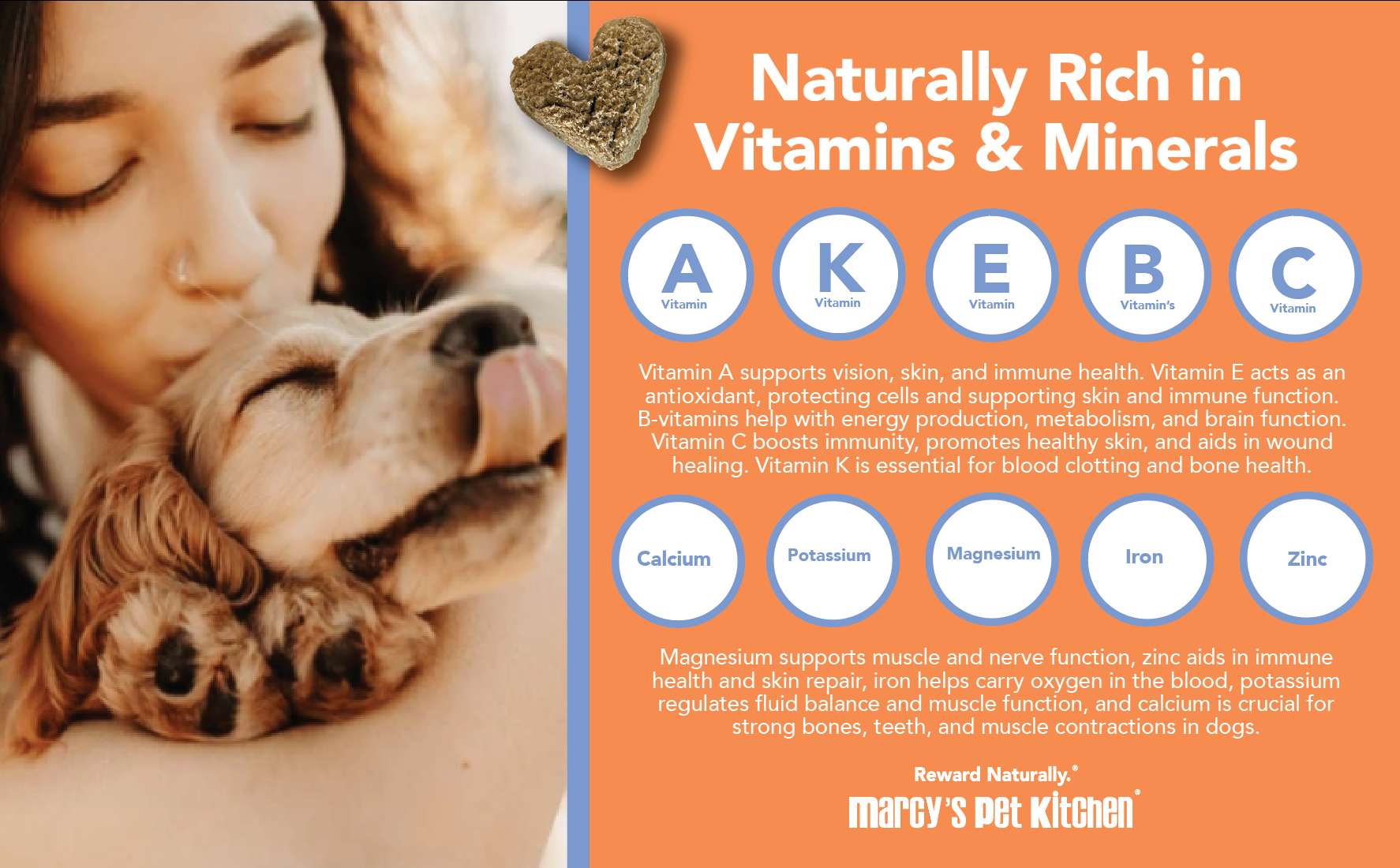 Woman hugging a dog with a heart icon and text about vitamins and minerals on an orange background.