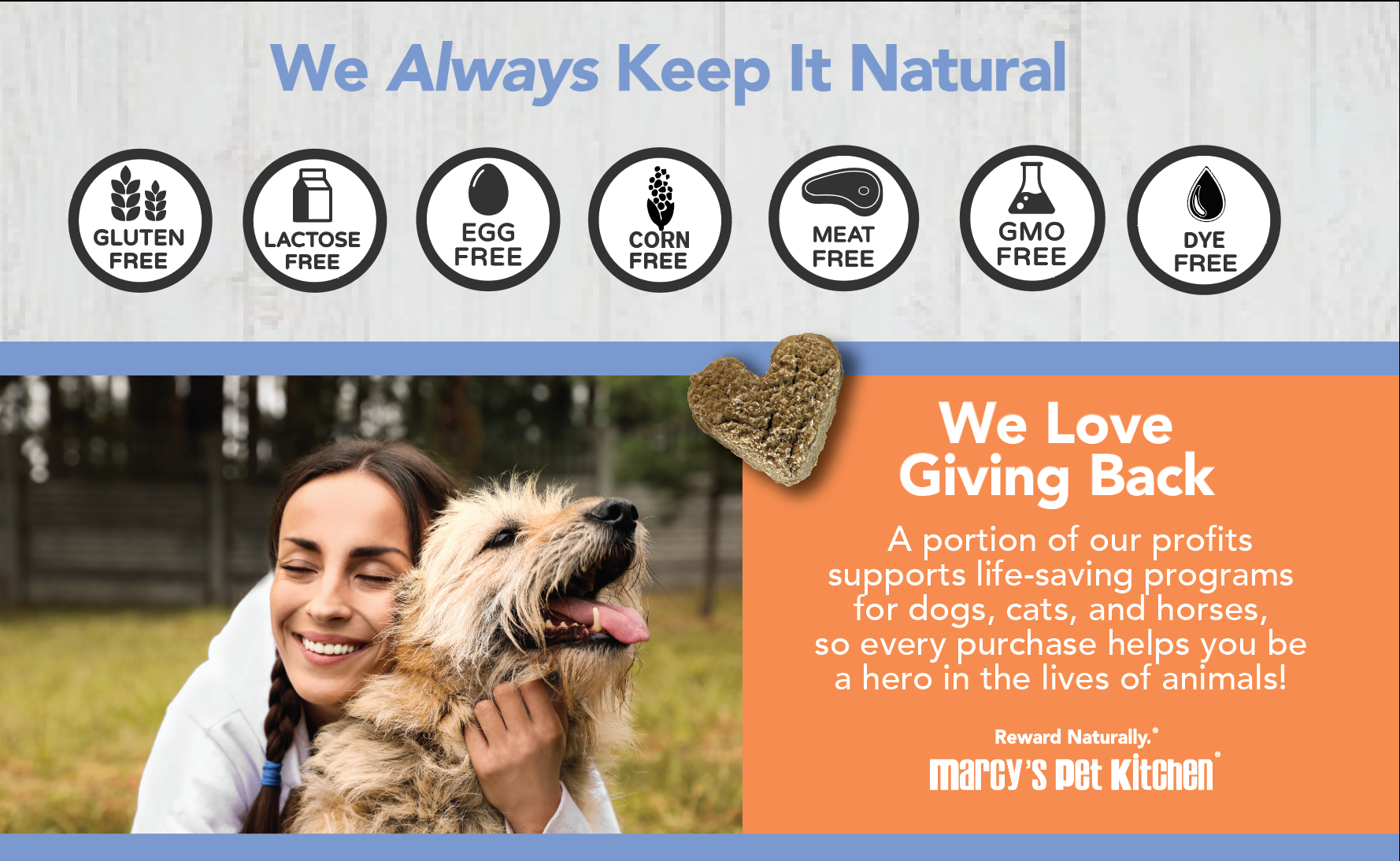 Advertisement for Marcy's Pet Kitchen with a woman holding a dog and various pet food ingredient-free icons.