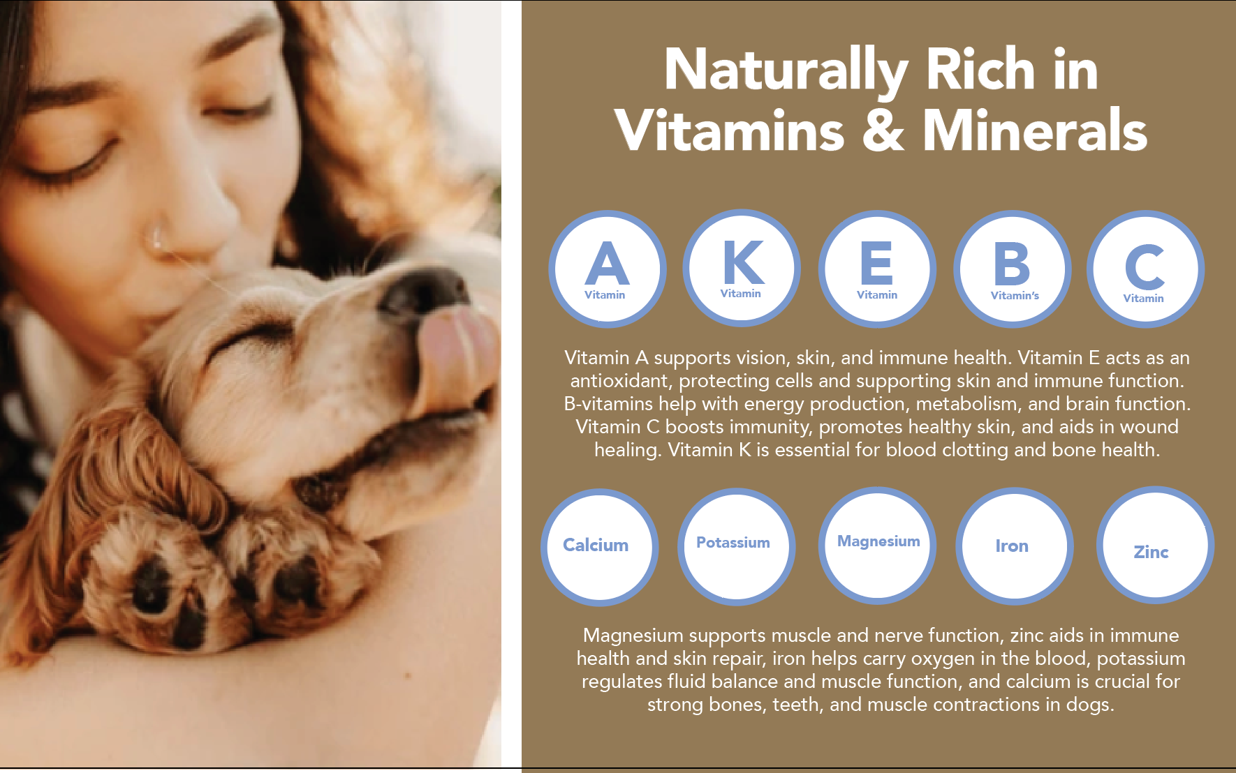 Woman kissing a dog with a list of vitamins and minerals on a brown background