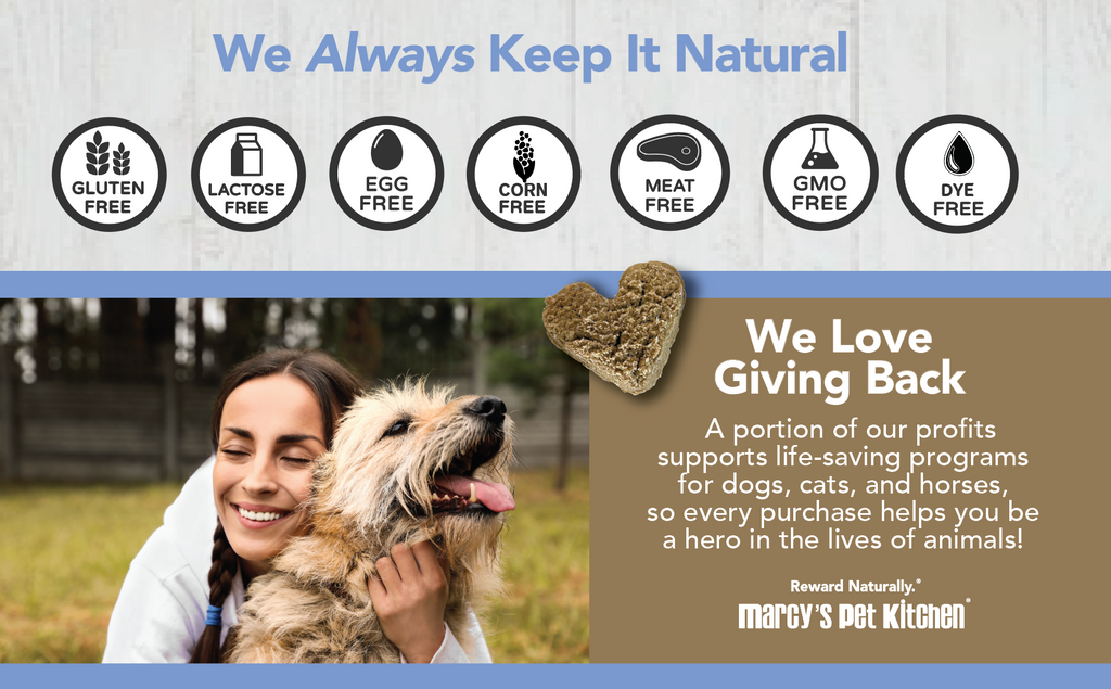 Woman holding a dog with text about product freedom from various allergens and Marcy's Pet Kitchen's giving back efforts.
