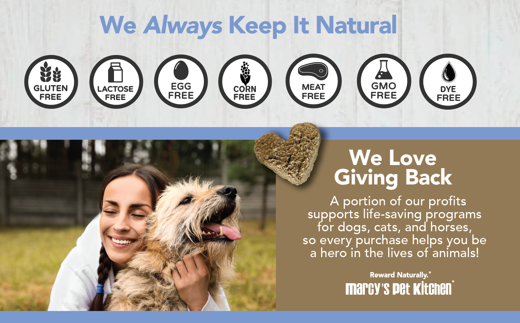 Woman holding a dog with text about product freedom from various allergens and Marcy's Pet Kitchen's giving back efforts.