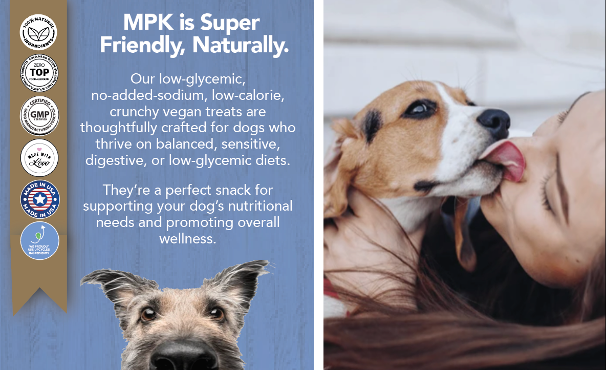 Advertisement for MPK dog treats with a dog and person on a blue background