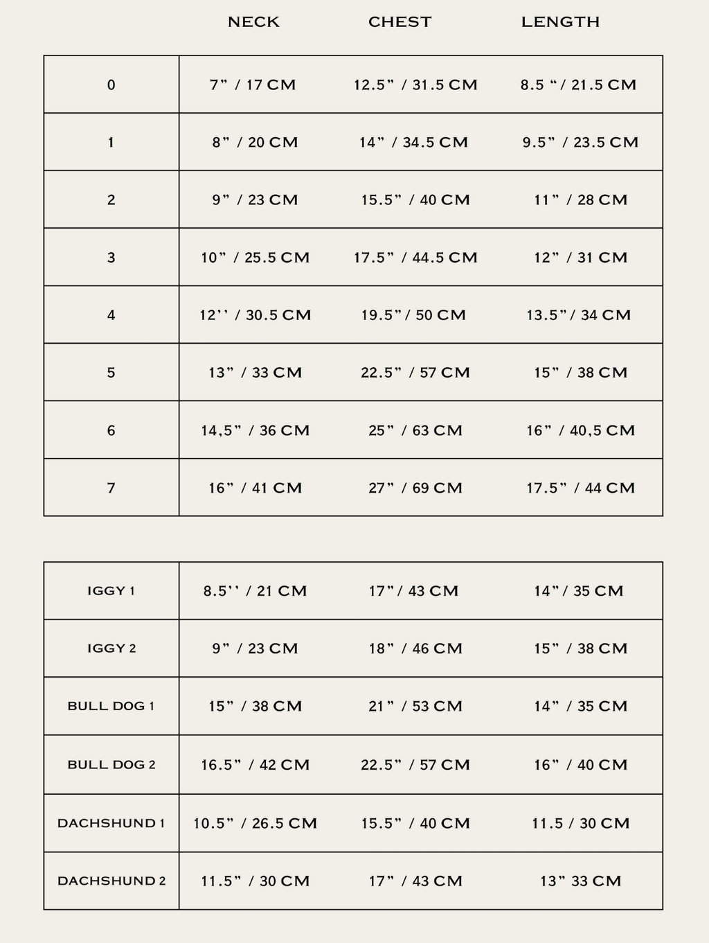 Measurement chart for dog sizes with neck, chest, and length dimensions.