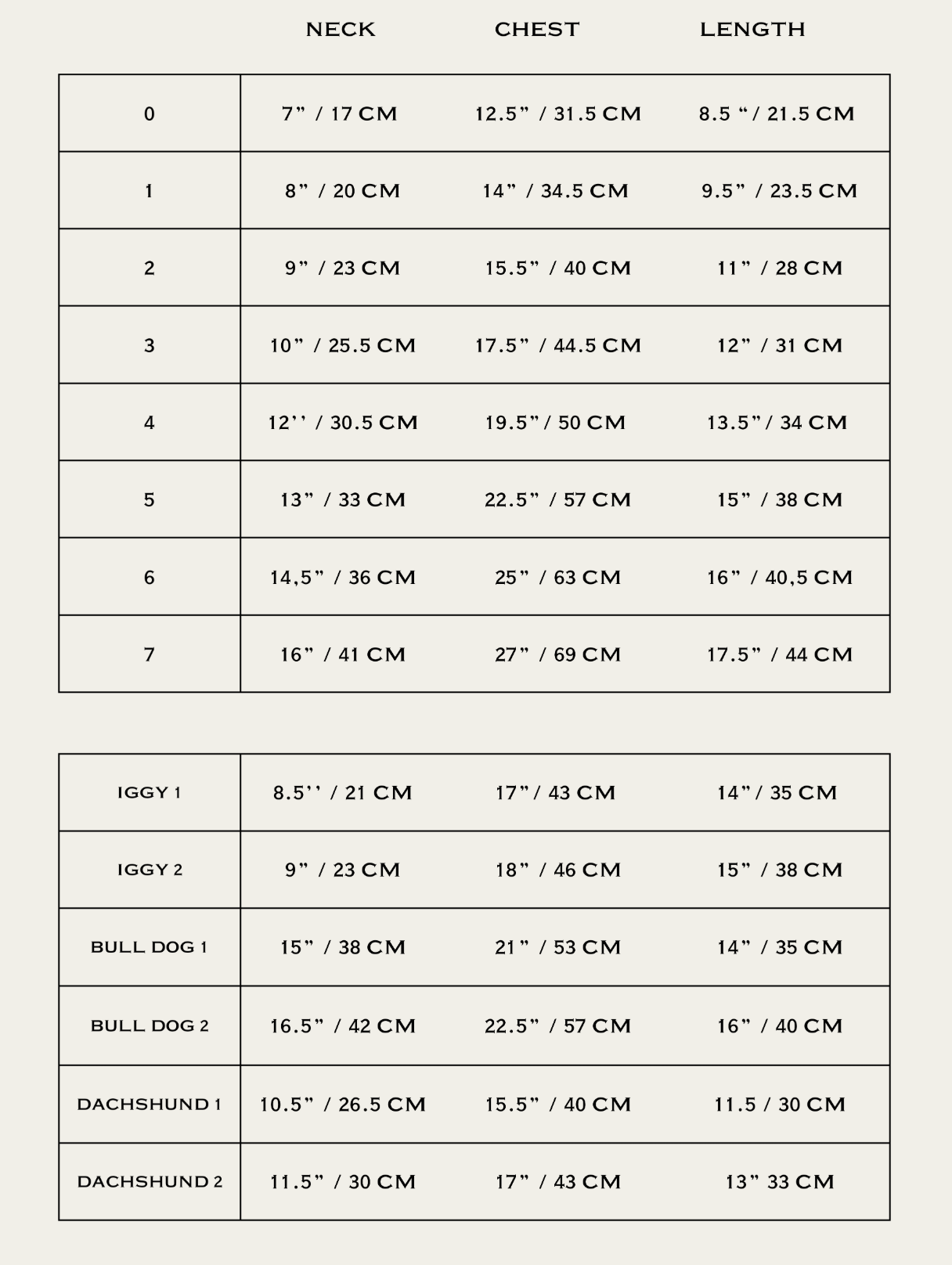 Measurement chart for dog sizes with neck, chest, and length dimensions.
