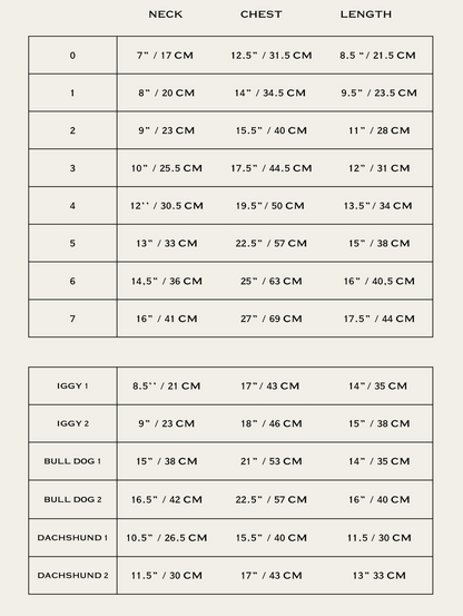 Measurement chart for dog sizes with neck, chest, and length dimensions.