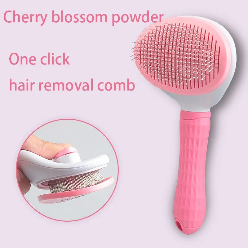 Pink hair removal comb with cherry blossom powder and 'One click' text on a light pink background