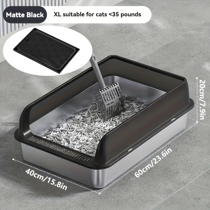 Cat litter box with dimensions and features on a gray floor