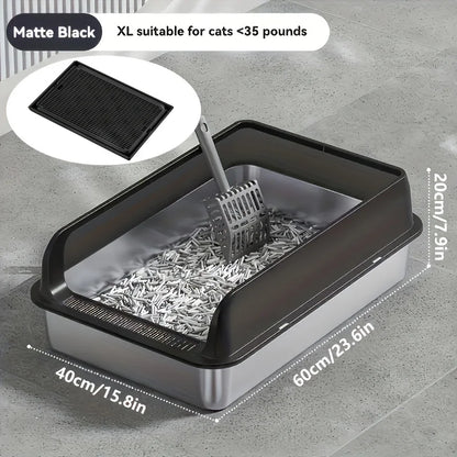 Cat litter box with dimensions and features on a gray floor