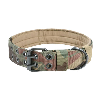 Camouflage dog collar with metal buckle on a white background