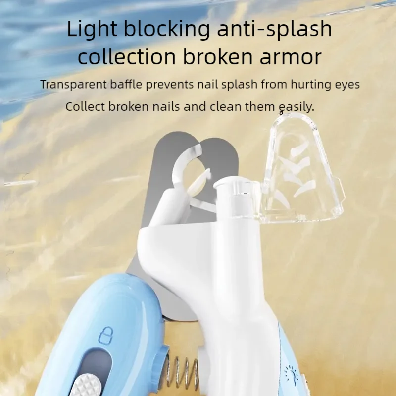 Nail cutting tool with transparent baffle for light blocking and anti-splash feature, set against a blurred natural background.