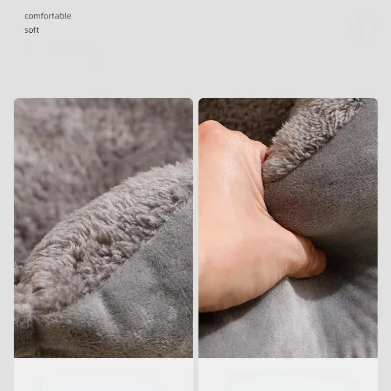 Gray textured blanket with a hand feeling its softness