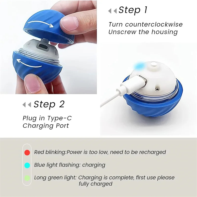Instructions for using a blue electronic device with charging port and light indicators.