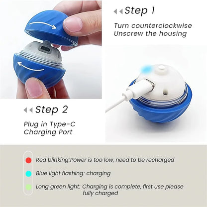 Instructions for using a blue electronic device with charging port and light indicators.