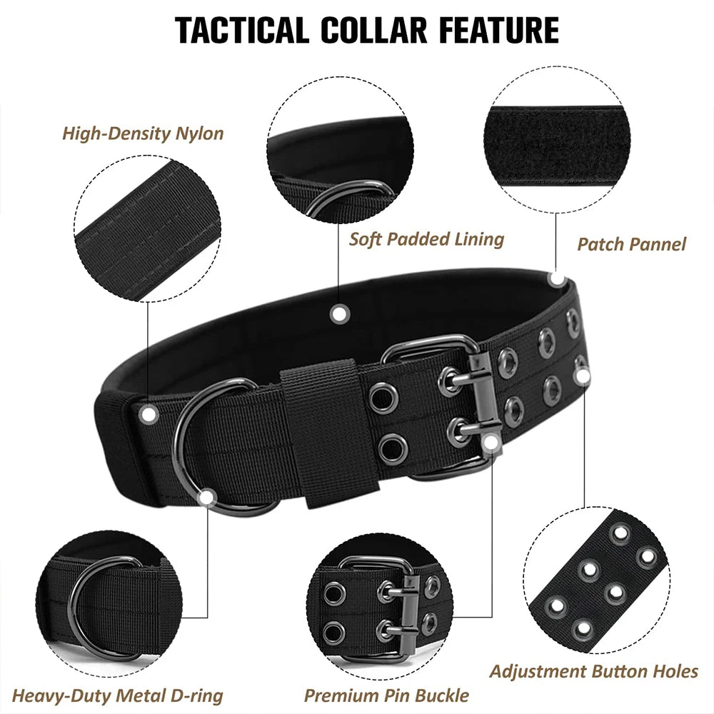Black tactical dog collar with feature highlights on a white background