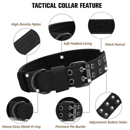 Black tactical dog collar with feature highlights on a white background