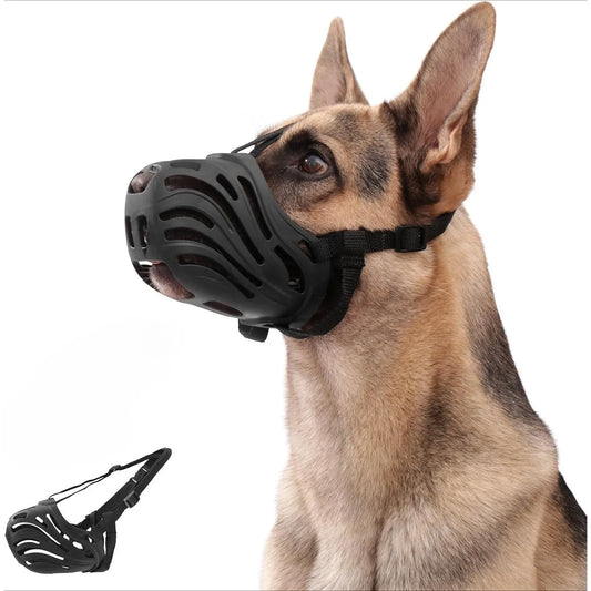 A German Shepherd dog wearing a black muzzle, with a smaller inset view of the muzzle alone in the lower-left corner on a white background.
