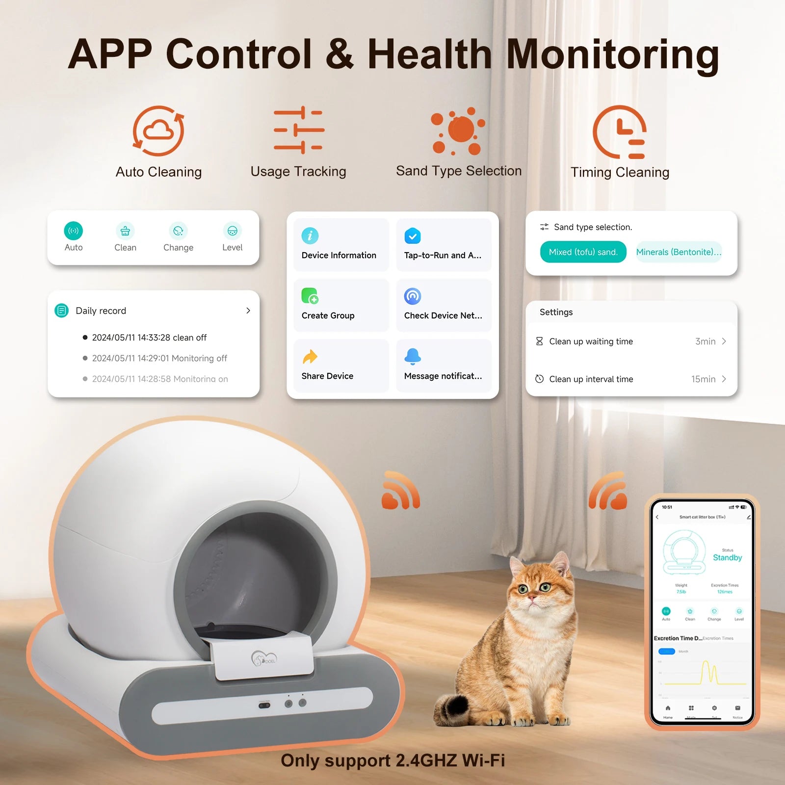 Smart pet litter box with app control and health monitoring features, including a cat and smartphone interface.