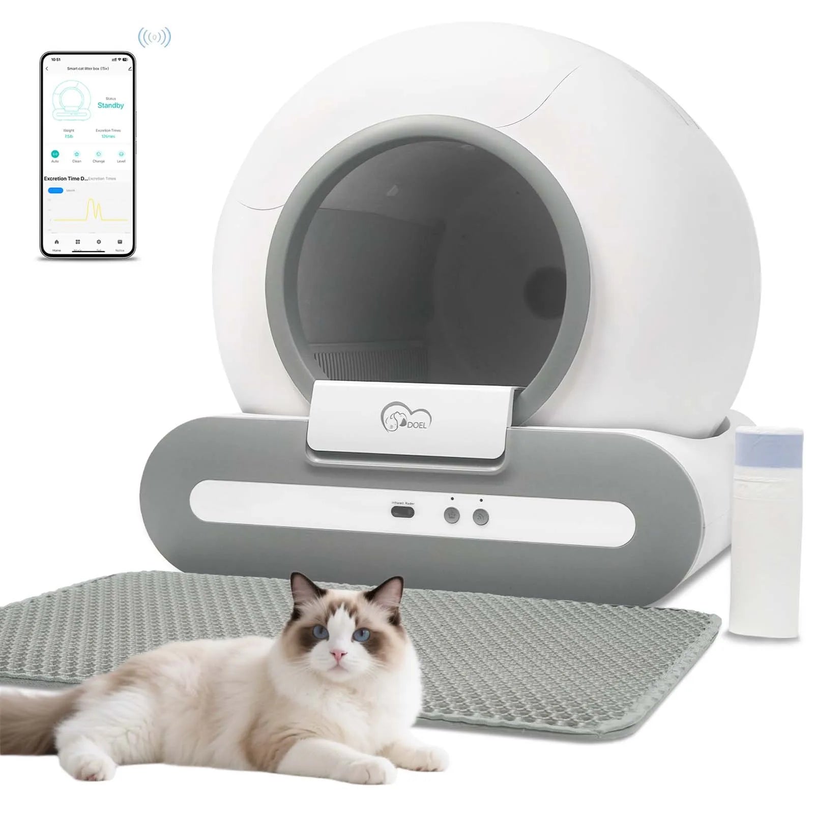Smart pet litter box with a cat lying on a mat, and a smartphone displaying app interface.