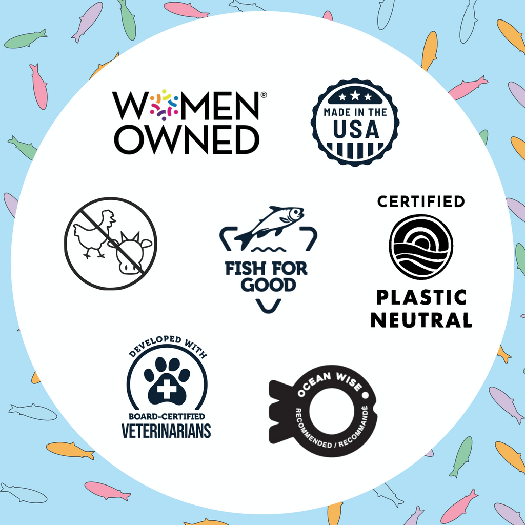 Collection of certification logos on a circular design with a fish pattern background.