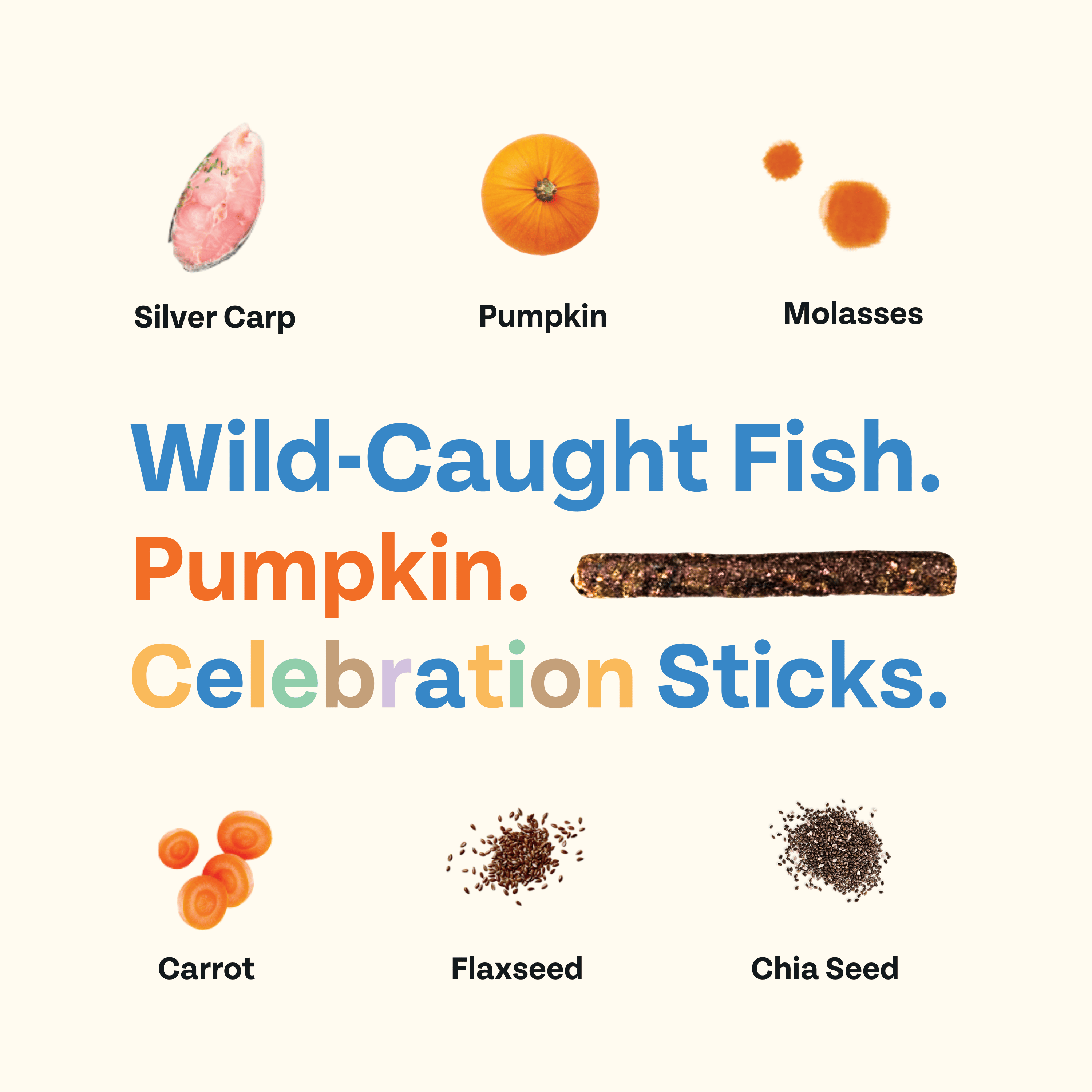 Ingredients for a product with images of silver carp, pumpkin, molasses, carrot, flaxseed, and chia seed on a white background.