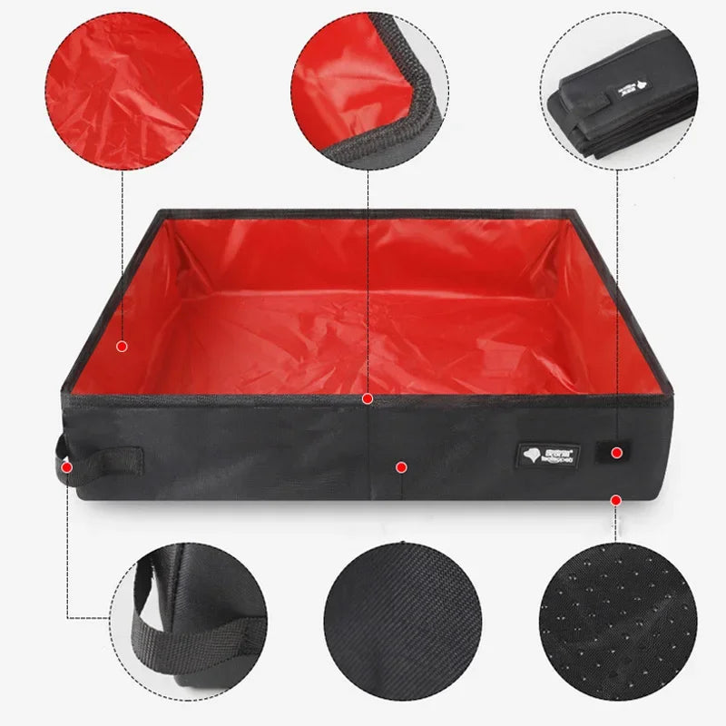 Red and black storage bin with close-up details on a white background