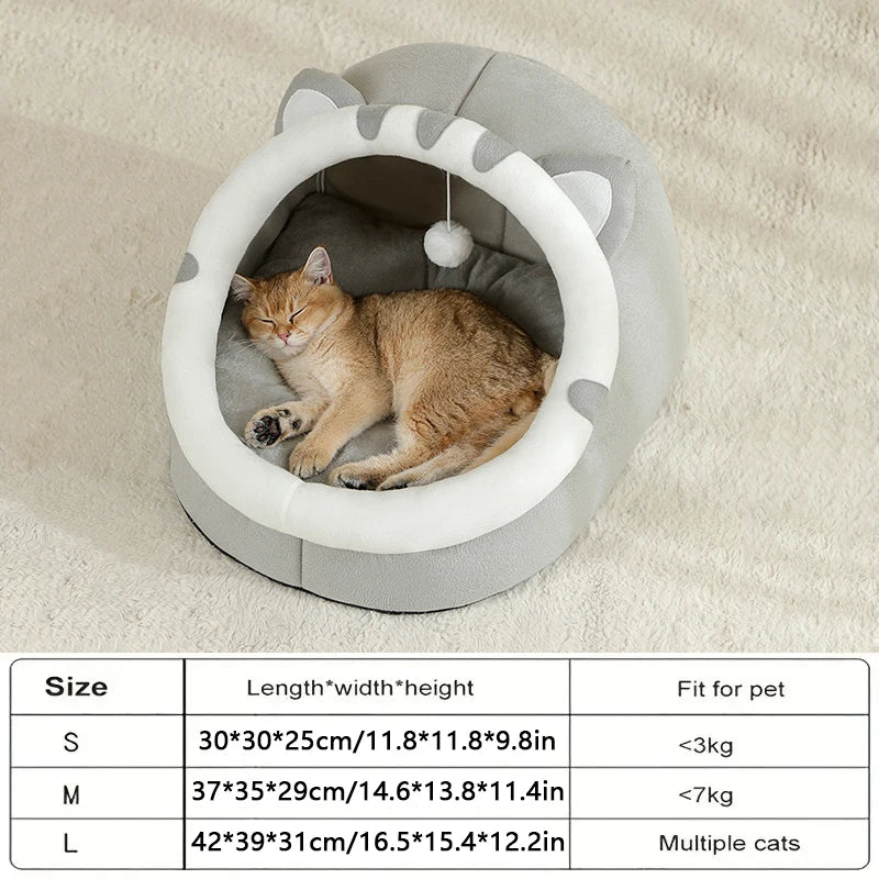 Cat lying in a gray pet bed with size chart on a beige background