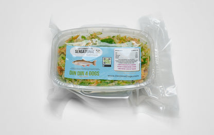 Packaged pet food with Sensational Seafoods label on a white background