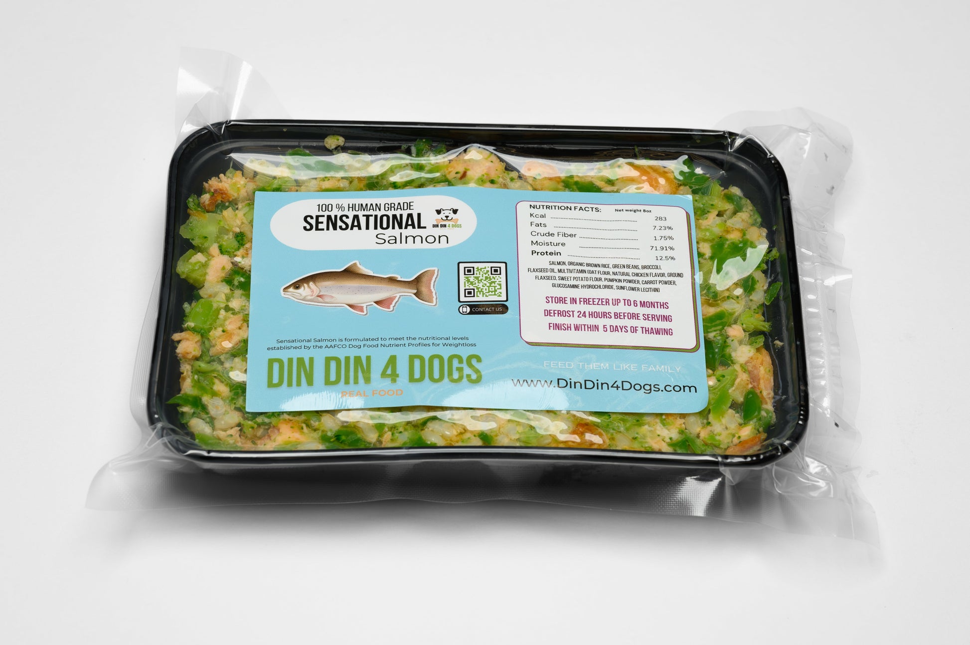 Sensational Salmon 8oz meal packaging from the Din Din 4 Dogs range