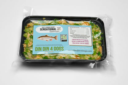 Sensational Salmon 8oz meal packaging from the Din Din 4 Dogs range