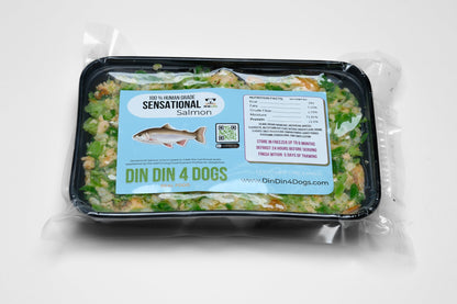 Packaged dog food from Din Din 4 Dogs on a white background