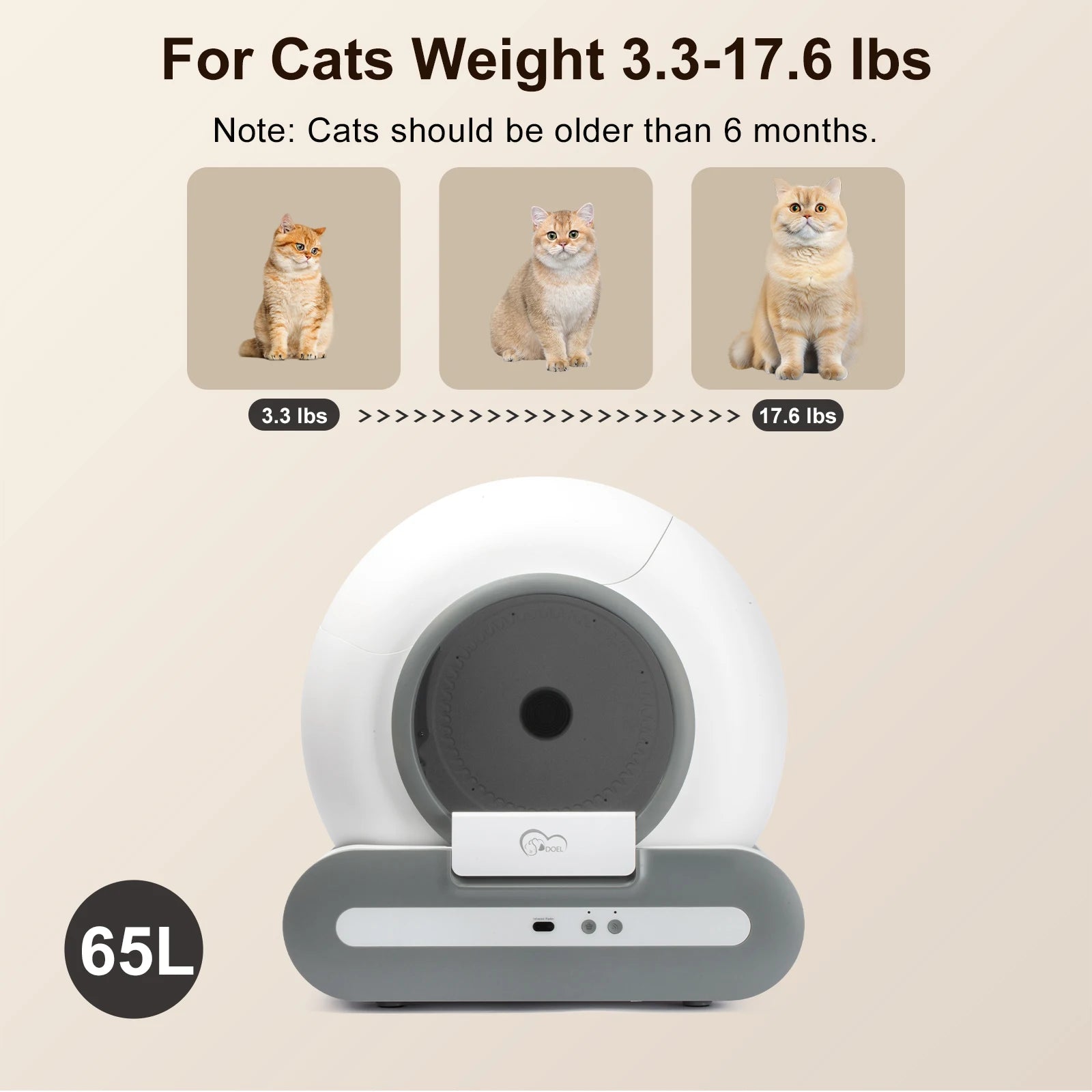 Pet product for cats with weight range and cat illustrations on a beige background