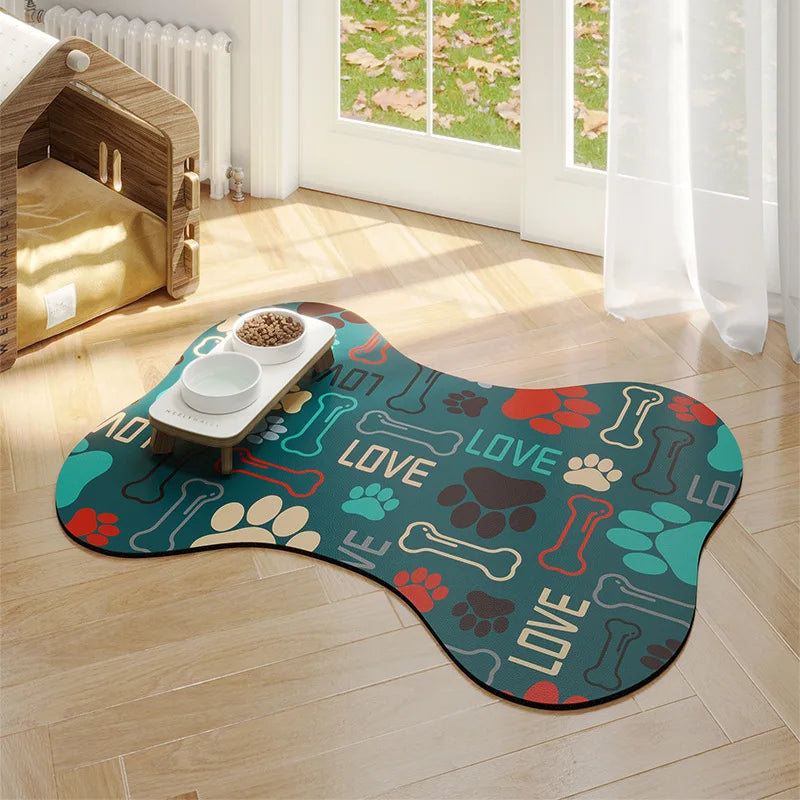 Pet area with a colorful mat featuring dog-themed designs, a pet bed, and a small table with bowls on a wooden floor.