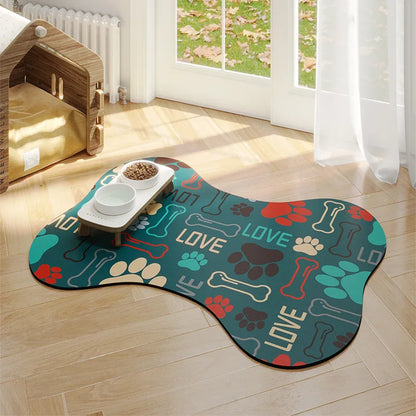 Pet area with a colorful mat featuring dog-themed designs, a pet bed, and a small table with bowls on a wooden floor.