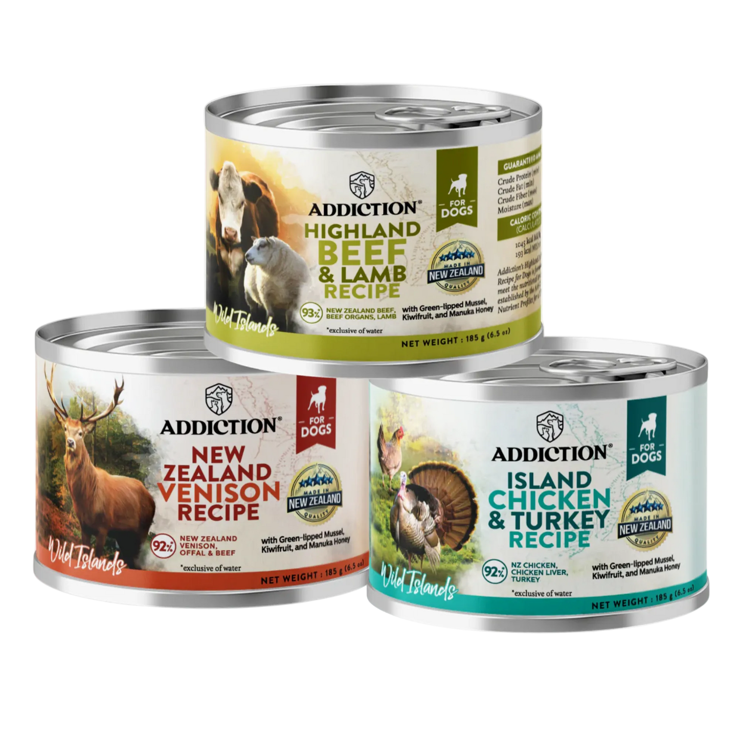 Three cans of Addiction dog food with different recipes on a white background