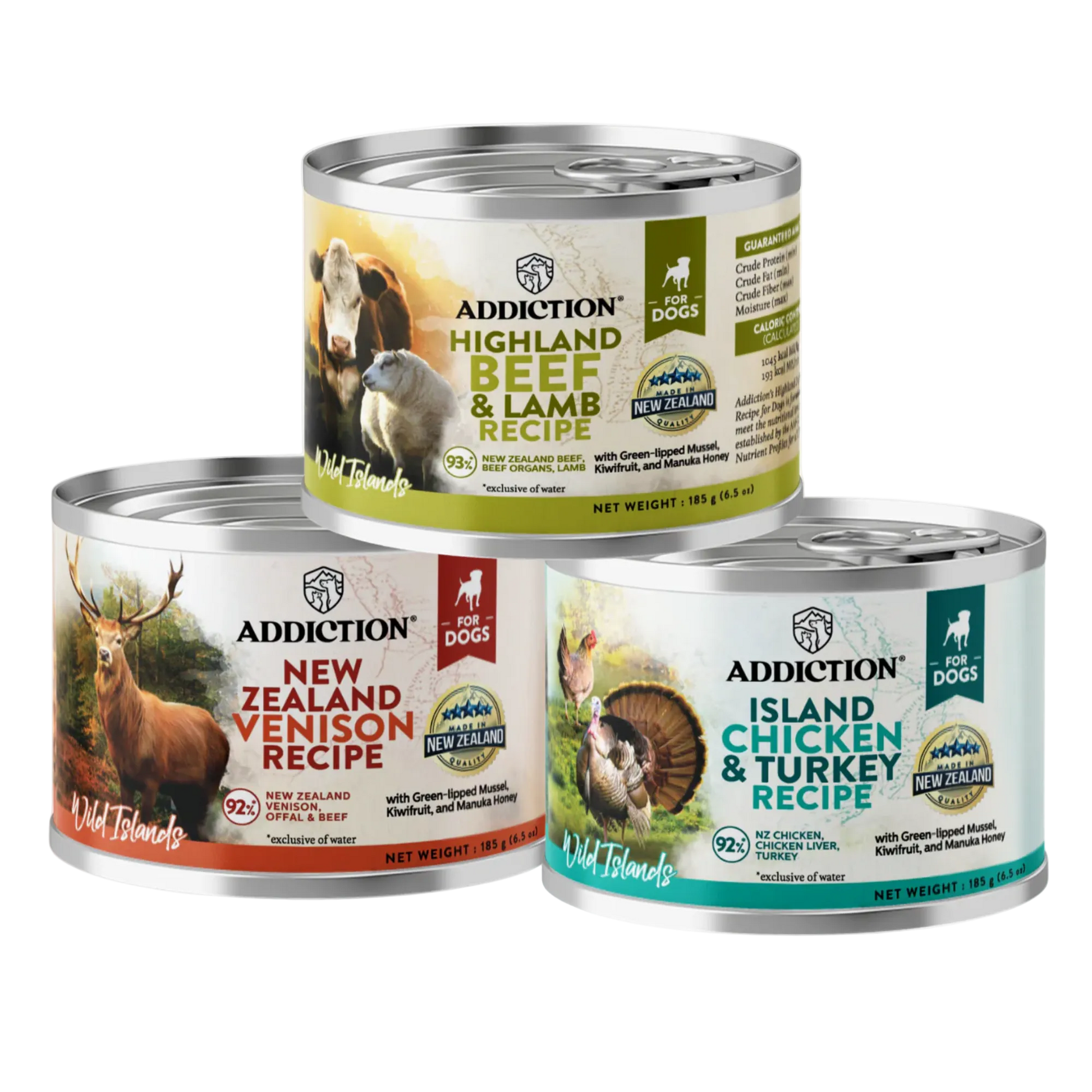 Three cans of Addiction dog food with different recipes on a white background
