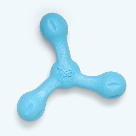 Blue dog toy with 'West Paw' branding on a white background