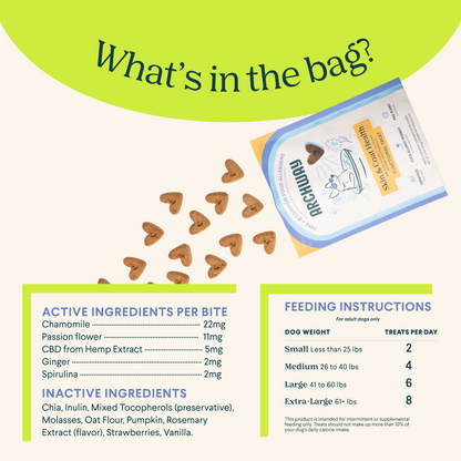 Dog treat packaging with ingredients and feeding instructions on a green and white background